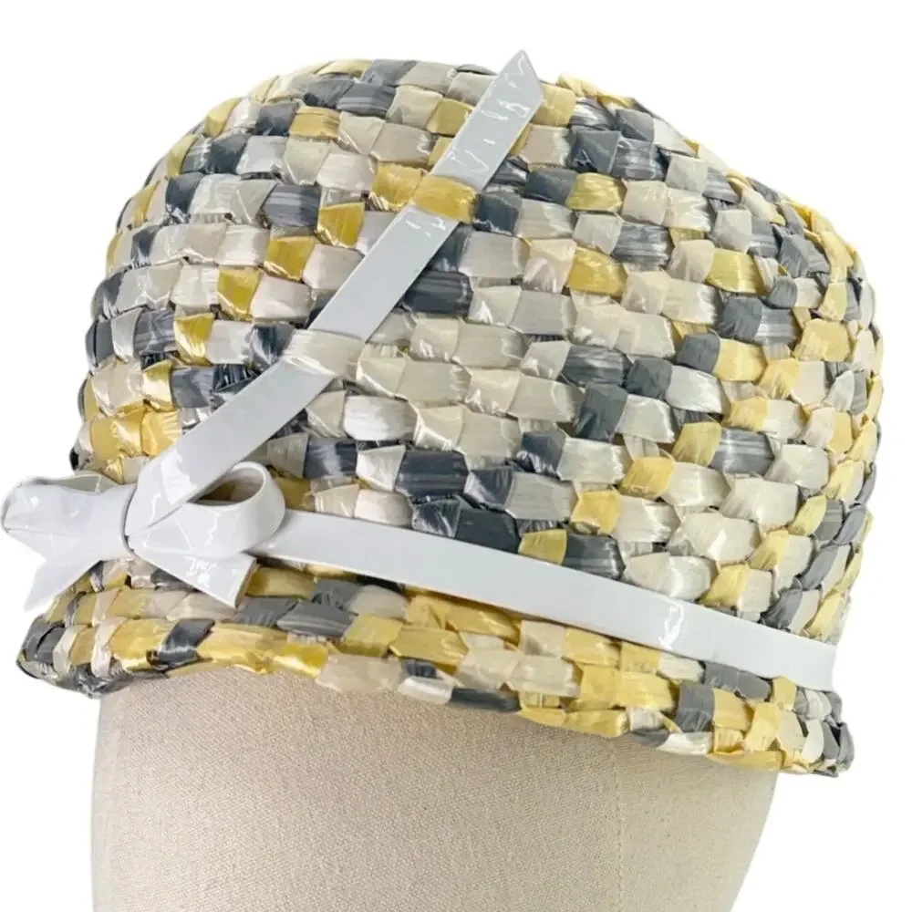Vintage 1960s Mr John Classic Raffia Bucket Hat Yellow Gray White 7.5